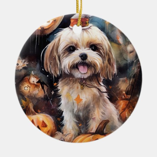 Halloween Lhasa Apso mit Pumpkins Beängstigend Keramik Ornament (Vorne)