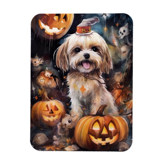Halloween Lhasa Apso mit Pumpkins Beängstigend Magnet (Vertikal)