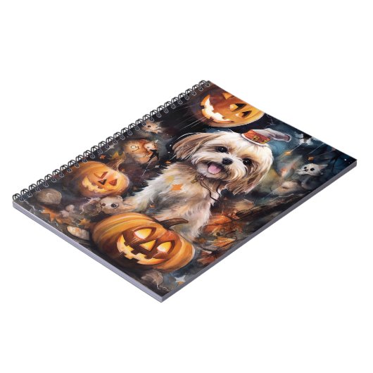 Halloween Lhasa Apso mit Pumpkins Beängstigend Notizblock (Linke Seite)