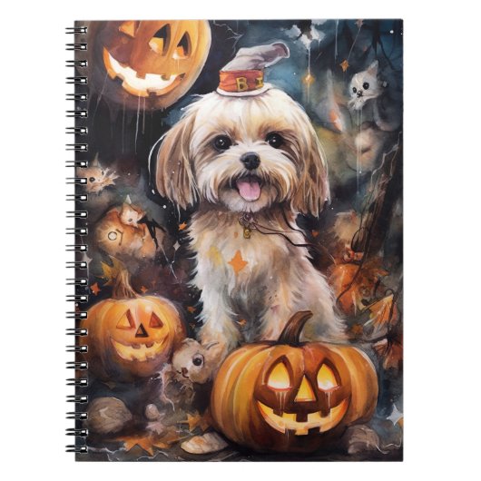 Halloween Lhasa Apso mit Pumpkins Beängstigend Notizblock (Vorderseite)