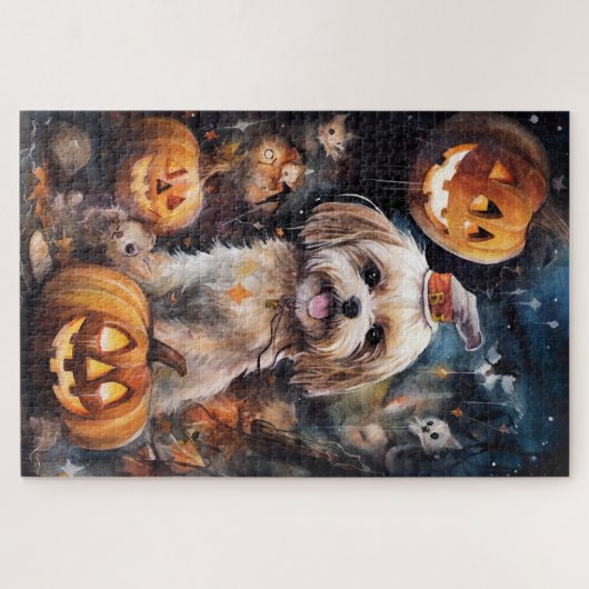 Halloween Lhasa Apso mit Pumpkins Beängstigend Puzzle (Horizontal)