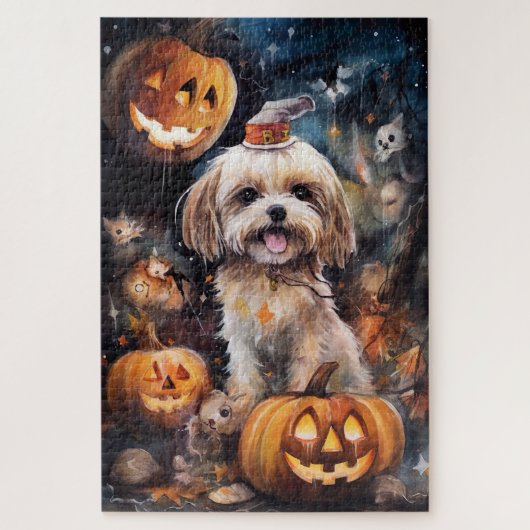 Halloween Lhasa Apso mit Pumpkins Beängstigend Puzzle (Vertikal)