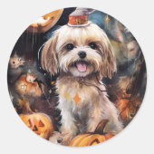 Halloween Lhasa Apso mit Pumpkins Beängstigend Runder Aufkleber (Vorderseite)