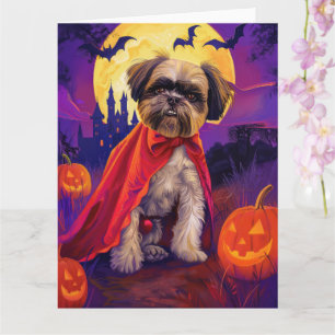 Halloween Lhasa Apso Vampire Pumpkins Beängstigend Karte