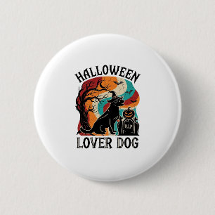 Halloween-Liebhaber-Hund-Hexenhut-Kürbis-Grabstein Button