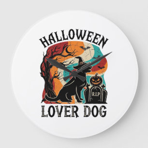 Halloween-Liebhaber-Hund-Hexenhut-Kürbis-Grabstein Große Wanduhr