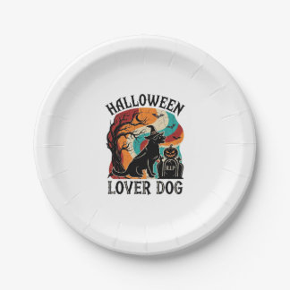 Halloween-Liebhaber-Hund-Hexenhut-Kürbis-Grabstein Pappteller