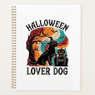 Halloween-Liebhaber-Hund-Hexenhut-Kürbis-Grabstein Planer