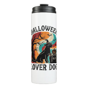 Halloween-Liebhaber-Hund-Hexenhut-Kürbis-Grabstein Thermosbecher