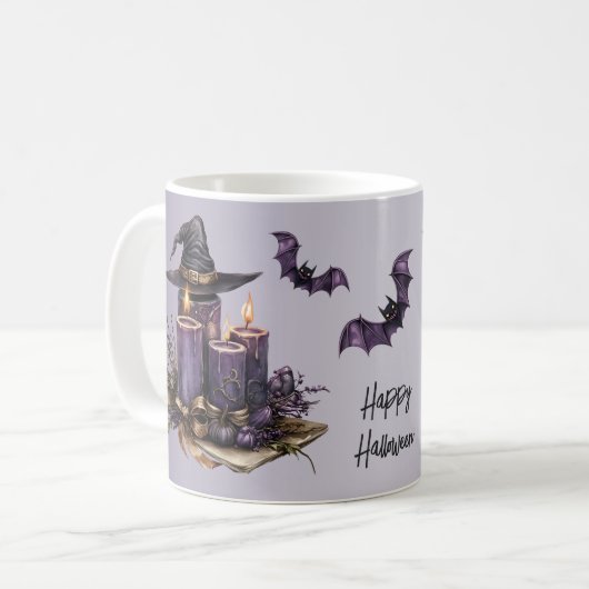 Halloween Lila Candles Bats Spooky Beängstigend Kaffeetasse (Vorderseite Links)