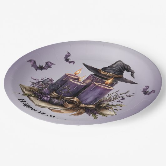 Halloween Lila Candles Bats Spooky Beängstigend Pappteller (Schrägansicht)