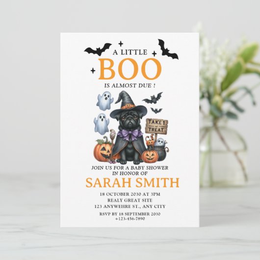 Halloween Little Dog Boo ist fast Due Baby Dusche Einladung (Stehend Vorderseite)