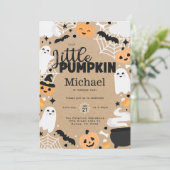 Halloween Little Pumpkin Ghost Birthday Party Einladung (Stehend Vorderseite)