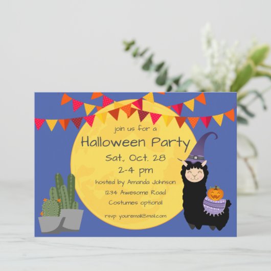 Halloween Llama-Party Einladung (Stehend Vorderseite)