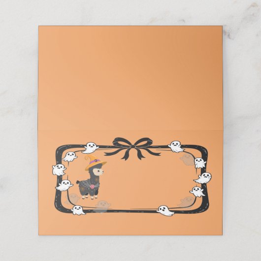 Halloween Llama Wearing Witch Hat Orange Platzkarte (Außenseite Aufgefaltet)