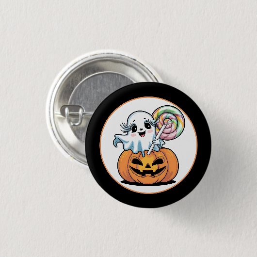 Halloween Lollipop Ghost On Pumpkin badge Button (Vorne & Hinten)