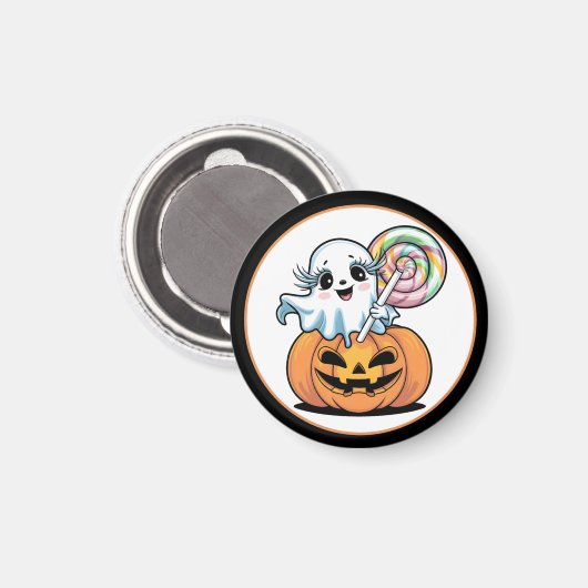 Halloween Lollipop Ghost On Pumpkin Magnet (Vorderseite/Rückseite)