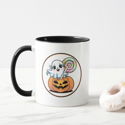 Halloween Lollipop Ghost On Pumpkin Tasse (Mit Donut)