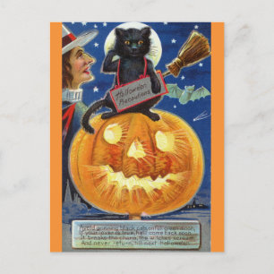 Halloween Lustige Vintage Hexe Schwarze Katze Kürb Postkarte