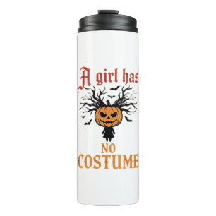 Halloween-Mädchen hat keinen Kostüm-Kürbis Thermosbecher