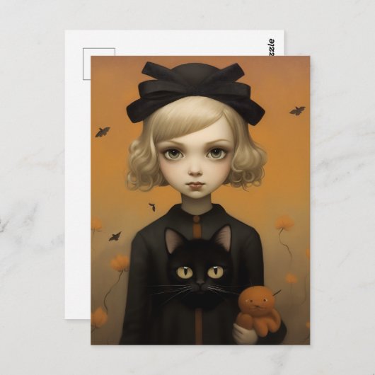 Halloween-Mädchen mit Katze Postkarte (Vorne/Hinten)