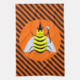 Halloween Magic Bee Hexe Orange und Schwarze Strei Geschirrtuch