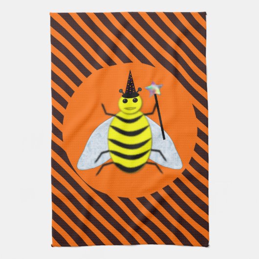 Halloween Magic Bee Hexe Orange und Schwarze Strei Geschirrtuch (Vertikal)