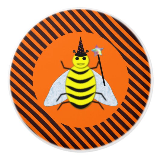 Halloween Magic Bee Hexe Orange und Schwarze Strei Keramikknauf (Vorderseite)