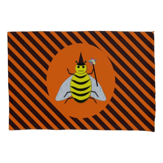 Halloween Magic Bee Hexe Orange und Schwarze Strei Kissenbezug (Vorderseite)
