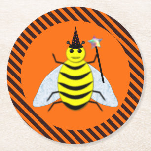 Halloween Magic Bee Hexe Orange und Schwarze Strei Runder Pappuntersetzer