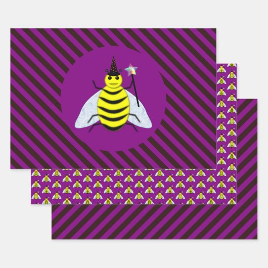 Halloween Magic Bee Wizard Lila und schwarz Streif Geschenkpapier Set (Set)