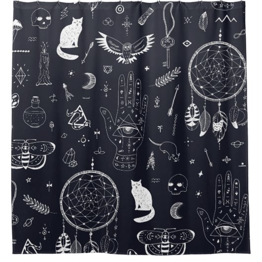 Halloween Magic: Vintages Doodle-Muster. Duschvorhang (Vorderseite)