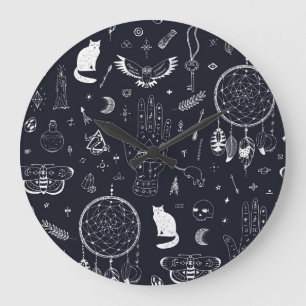 Halloween Magic: Vintages Doodle-Muster. Große Wanduhr