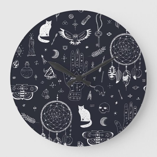Halloween Magic: Vintages Doodle-Muster. Große Wanduhr (Vorderseite)
