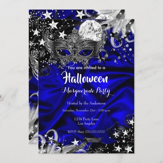 Halloween Magical Night Masquerade Party blau Einladung (Vorne/Hinten)