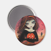 Halloween Magnet Big Eye Girl mit Pumpkin (Vorderseite/Rückseite)