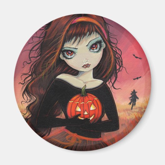 Halloween Magnet Big Eye Girl mit Pumpkin (Vorne)