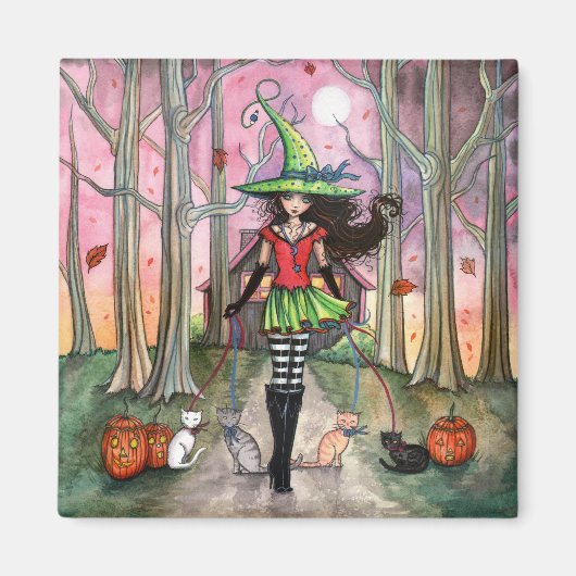 Halloween Magnet Hexe und Katzen (Vorne)