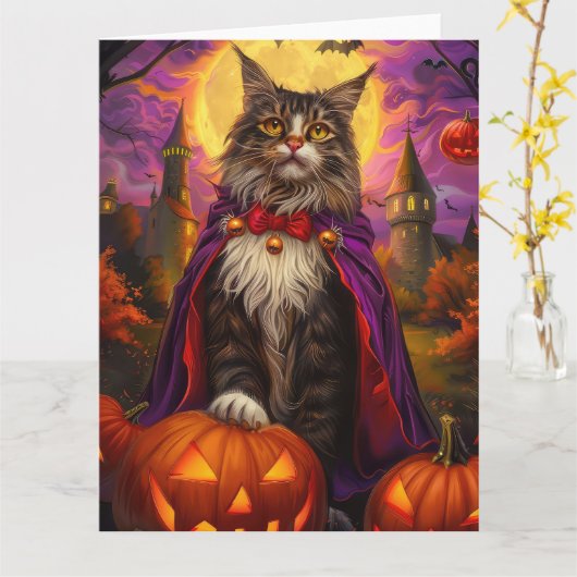 Halloween Maine Coon Cat Vampire Pumpkins Beängsti Karte (Gelbe Blume)