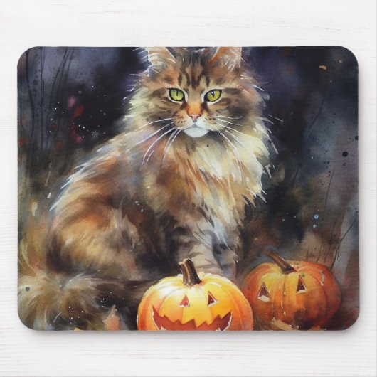 Halloween Maine Coon Katze mit Kürbissen Gruselig Mousepad (Vorne)