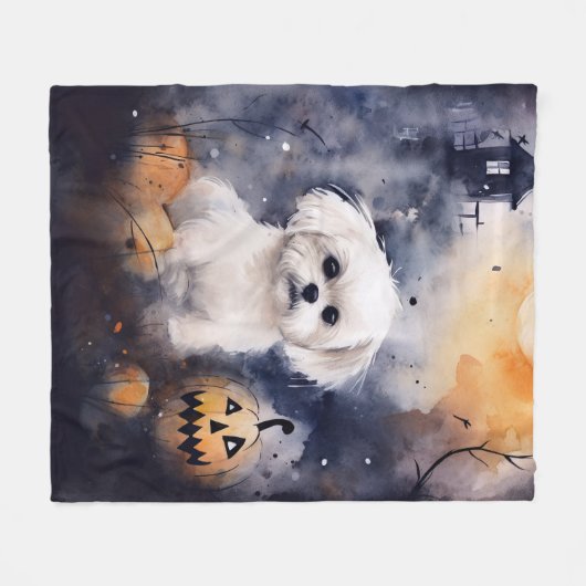 Halloween Maltesisch mit Pumpkins Beängstigend Fleecedecke (Vorderseite (Horizontal))