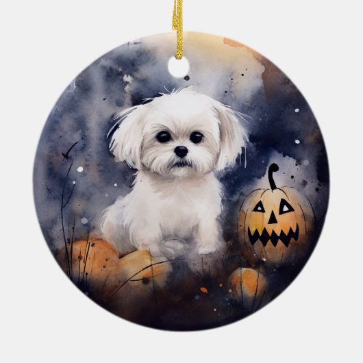 Halloween Maltesisch mit Pumpkins Beängstigend Keramik Ornament (Hinten)