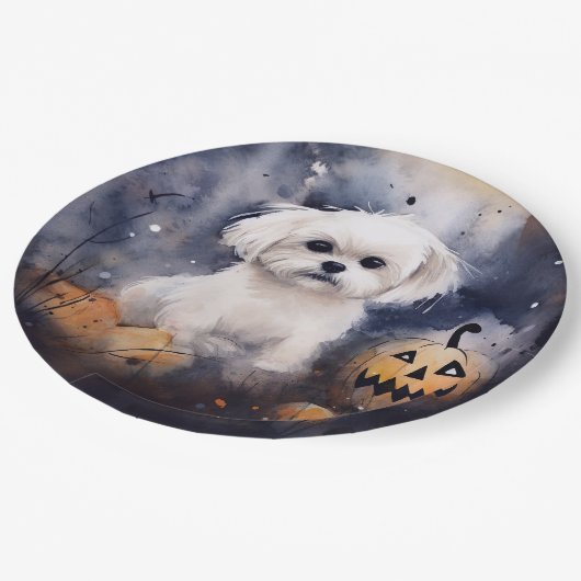 Halloween Maltesisch mit Pumpkins Beängstigend Pappteller (Schrägansicht)