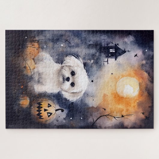 Halloween Maltesisch mit Pumpkins Beängstigend Puzzle (Horizontal)