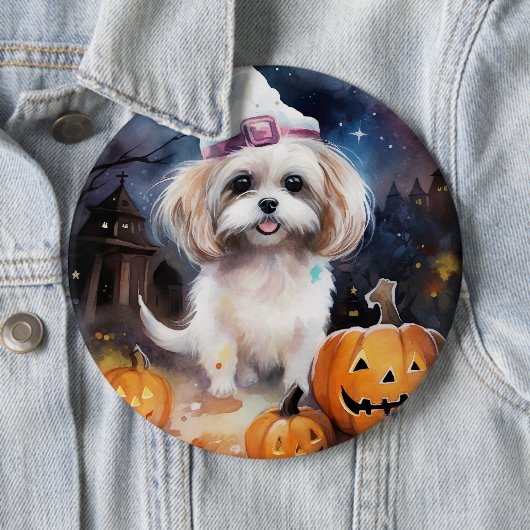 Halloween Malti Tzu mit Pumpkins Beängstigend Button (Beispiel)