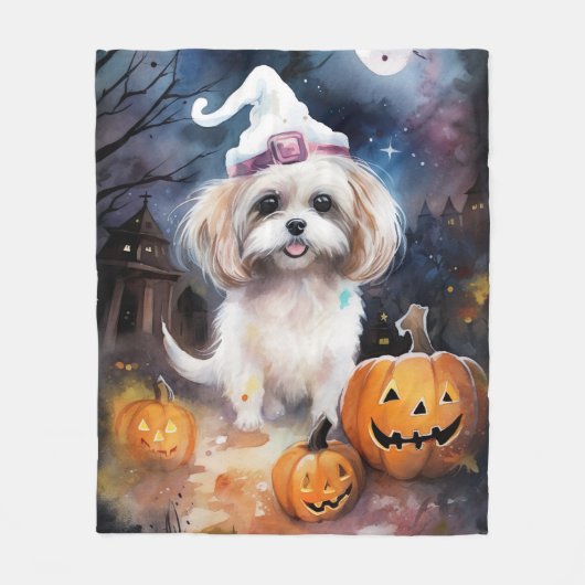 Halloween Malti Tzu mit Pumpkins Beängstigend Fleecedecke (Vorderseite)