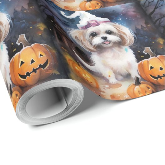 Halloween Malti Tzu mit Pumpkins Beängstigend Geschenkpapier (Rolleneckpunkt)