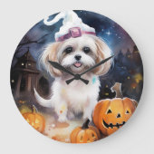 Halloween Malti Tzu mit Pumpkins Beängstigend Große Wanduhr (Vorderseite)