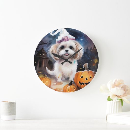 Halloween Malti Tzu mit Pumpkins Beängstigend Große Wanduhr (Zuhause)