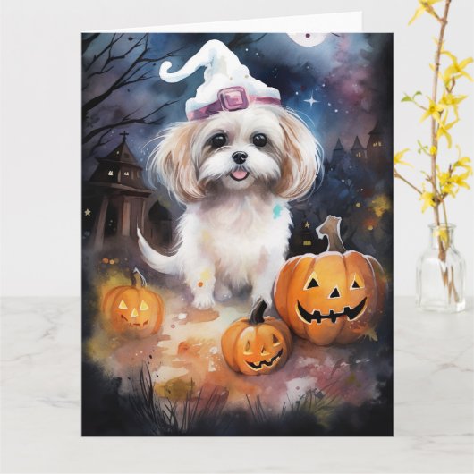 Halloween Malti Tzu mit Pumpkins Beängstigend Karte (Gelbe Blume)